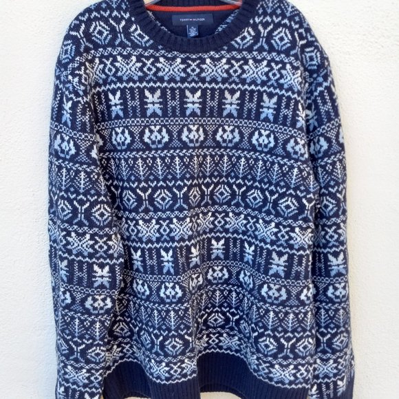 Tommy Hilfiger Blue & White Lambswool Blend Fair Isle Sweater Size XL Apres Ski - Picture 3 of 14